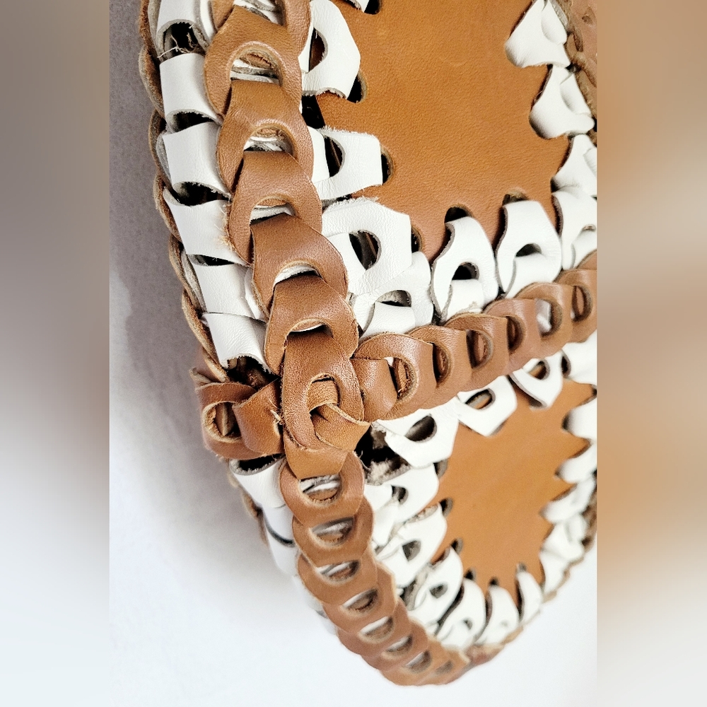 Genuine Braided Leather Boho Chic Hobo Bag Two-Tone Cognac/White - Picture 4 of 13